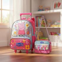 Kit Mochila De Rodinha Escolar Media 14L e Lancheira Termica Infantil Menina Peppa Pig Oficial