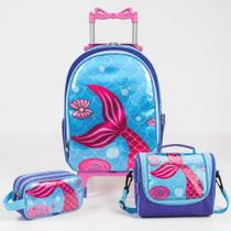 Kit Mochila de Rodinha Escolar Sereia Infantil Feminino + Lancheira Transversal + Estojo Duplo Menina Cristal