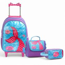 Kit Mochila de Rodinha Escolar Sereia Infantil Feminino + Lancheira Transversal + Estojo Duplo Menina Cristal