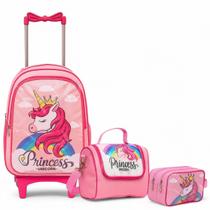 Kit Mochila de Rodinha Escolar Unicórnio Princesa Infantil Feminino + Lancheira Transversal + Estojo Duplo Menina Cristal Kit Mochila de Rodinha Escolar Unicórnio Princesa Infantil Feminino + Lancheira Transversal + Estojo Duplo Menina Cristal