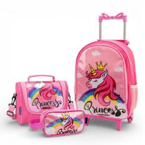 Kit Mochila de Rodinha Escolar Unicórnio Princesa Infantil Feminino + Lancheira Transversal + Estojo Duplo Menina Cristal