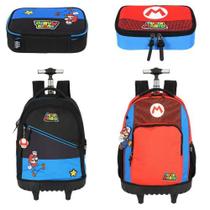 Kit Mochila De Rodinha + Estojão 100 Pens juvenil Super Mario Bros-Luxcel