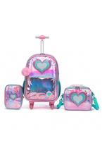 Kit Mochila De Rodinha Holográfica Coração Menina Lancheira Térmica Estojo Kit Mochila De Rodinha Holográfica Coração Menina Lancheira Térmica Estojo