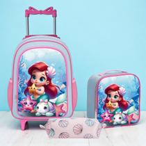 Kit Mochila de Rodinha Infantil + Estojo + Lancheira Térmica Coral