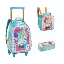 Kit Mochila de Rodinha Infantil Feminina com Lancheira e Estojo Meninas