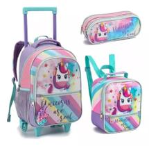 Kit Mochila De Rodinha Infantil Unicórnio Arco Iris Escolar Com Chaveiro