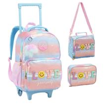 Kit Mochila de Rodinha Lancheira e Estojo Juvenil Patches