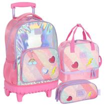 Kit Mochila de Rodinha Lancheira e Estojo Pink Up4you Luxcel
