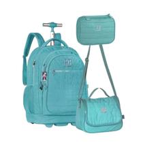 Kit Mochila de Rodinha Lancheira Estojo Azul Rebecca Bonbon