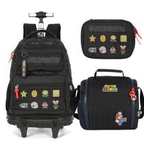 Kit Mochila De Rodinha Lancheira Estojo Bolsa Super Mario