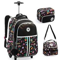 Kit Mochila de Rodinha + Lancheira + Estojo Juvenil Feminina