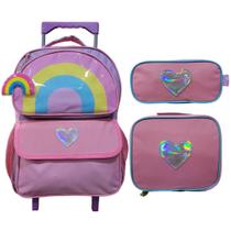 Kit Mochila de Rodinha Lancheira Estojo Rainbow Yins YS42178 Cor:Lilás