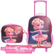 Kit Mochila De Rodinha Menina Estojo Lancheira Ballet - Rosa