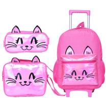 Kit Mochila de Rodinha Menina Estojo Lancheira Gatinho Glitter Kit Mochila de Rodinha Menina Estojo Lancheira Gatinho Glitter