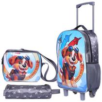 Kit Mochila De Rodinha Menino Estojo Lancheira Dog - Cinza