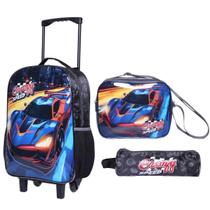 Kit Mochila de Rodinha Menino Estojo Lancheira Speed Carro