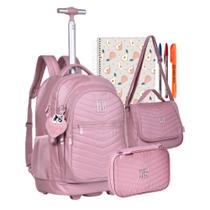 Kit Mochila de Rodinha Metalizada Rebecca Bonbon RB Lancheira Estojo E Caderno