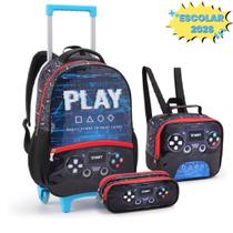 Kit Mochila De Rodinha PLAY GAME Escolar 2026 Com Lancheira Térmica E Estojo Duplo