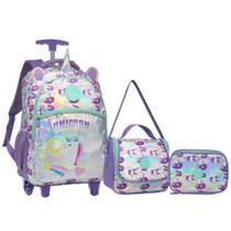 Kit Mochila De Rodinha Unicórnio Holográficos Com Lancheira Térmica Estojo Organizador