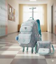 Kit Mochila De Rodinhas 360o Escolar Juvenil Feminino Xadrez