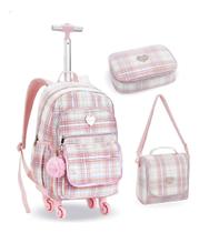 Kit Mochila De Rodinhas 360o Escolar Juvenil Feminino Xadrez