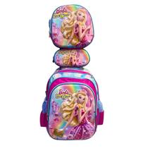Kit Mochila de Rodinhas Barbie Rosa Lancheira Estojo Menina