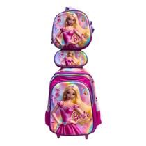 Kit Mochila de Rodinhas Barbie Rosa Lancheira Estojo Menina