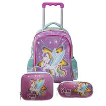 Kit Mochila de Rodinhas C/ Alças de Costas + Lancheira + Estojo Unicórnio Ponny Escolar Infantil
