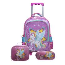 Kit Mochila de Rodinhas C/ Alças de Costas + Lancheira + Estojo Unicórnio Ponny Escolar Infantil Kit Mochila de Rodinhas C/ Alças de Costas + Lancheira + Estojo Unicórnio Ponny Escolar Infantil