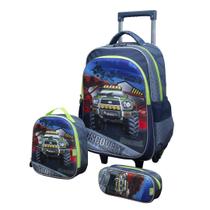 Kit Mochila de Rodinhas C/ Alças + Lancheira + Estojo Discovery Car Carro 3D Escolar