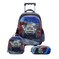 Kit Mochila de Rodinhas C/ Alças + Lancheira + Estojo Discovery Car Carro 3D Escolar