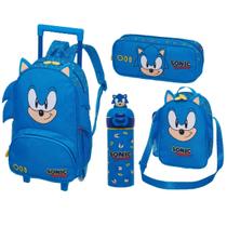 Kit Mochila de Rodinhas Com Alças Lancheira Garrafa Térmica Estojo Simples Sonic Tiny Pacific