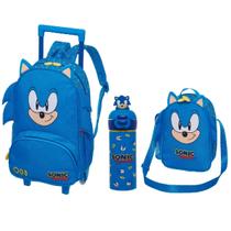Kit Mochila de Rodinhas Com Alças Lancheira Garrafa Térmica Sonic Tiny Pacific