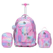 Kit Mochila De Rodinhas Com Estojo Lancheira Bolsa Juvenil Cor Rosachiclete Desenho Do Tecido Lisa