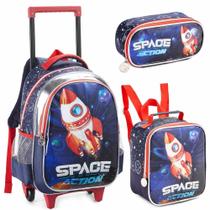 Kit Mochila De Rodinhas Com Lancheira E Estojo Space Action Denlex