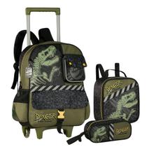 Kit Mochila De Rodinhas Dinossauro T Rex Attack Danger Com Lancheira Térmica e Estojo Escolar Completo Infantil Clio