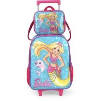KIT MOCHILA DE RODINHAS E LANCHEIRA LUXCEL BARBIE Rosa