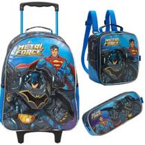 kit Mochila de Rodinhas Escolar 40CM Liga da Justiça Metal Force + Lancheira + Estojo 13510 XERYUS