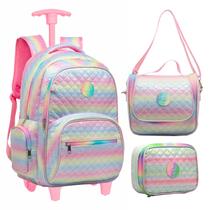 Kit Mochila de Rodinhas Escolar Arco-Íris Com Estojo E Lancheira