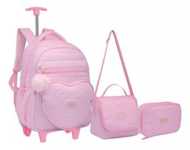 Kit Mochila De Rodinhas Escolar Juvenil Feminina Coração Com Chaveiro Pompom