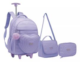 Kit Mochila De Rodinhas Escolar Juvenil Feminina Coração Com Chaveiro Pompom