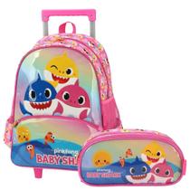 Kit Mochila De Rodinhas + Estojo Duplo Baby Shark Luxcel