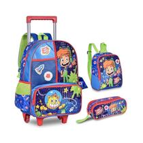 Kit Mochila de Rodinhas Estojo e Lancheira Gato Galáctico
