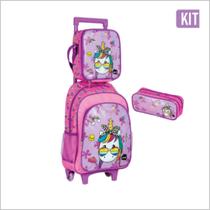 kit Mochila de Rodinhas + Estojo + Lancheira BRW - Magic - Rosa/Roxo