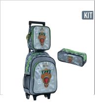 kit Mochila de Rodinhas + Estojo + Lancheira BRW - Raptor - Verde/Cinza