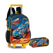 Kit Mochila de Rodinhas Fast Machine + Estojo Carros Hyper Speed Infantil Escola - Clio