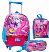 Kit mochila de rodinhas flamingo azul com lancheira térmica e estojo fg3063kit