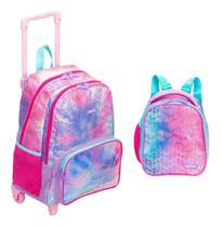 kit Mochila De Rodinhas Grande Mermaid Conchas Com Lancheira