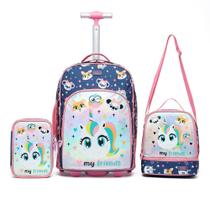 Kit Mochila de Rodinhas Guelph Infantil Meninas com Estojo Duplo, Lancheira Térmica Reforçado Mochila Infantil Forte Volta às Aulas