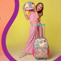 Kit Mochila de Rodinhas Holográfica Clio com Lancheira e Estojo Coleção 2025 Escolar Meninas